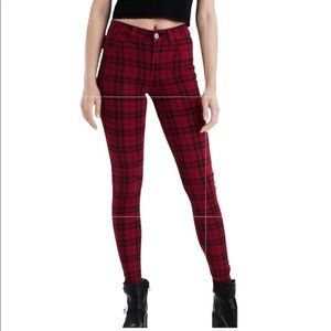 American Eagle Jeans Womens 2 Red Plaid Jeans Hi Rise Jegging Next Level Stretch